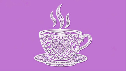 Stencil tea cup with a heart and steam. A decorative element for cutting, printing, and decorating windows.