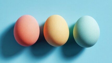 Obraz premium Pastel easter eggs arranged on a blue background in flat lay style with spring holiday theme and festive seasonal decoration