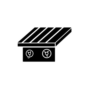 Milling machine worktable icon. X-Y axis slide table silhouette with T-slots and handwheel controls. Vector illustration of industrial machine base for workpiece positioning and metalworking precision
