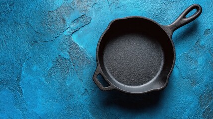 Black pan sits on a blue background. The pan is empty and has a handle. The blue background gives the image a calm and peaceful mood