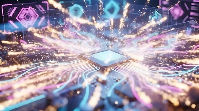 Futuristic AI Microchip with Glowing Neon Data Paths and Holographic Interface