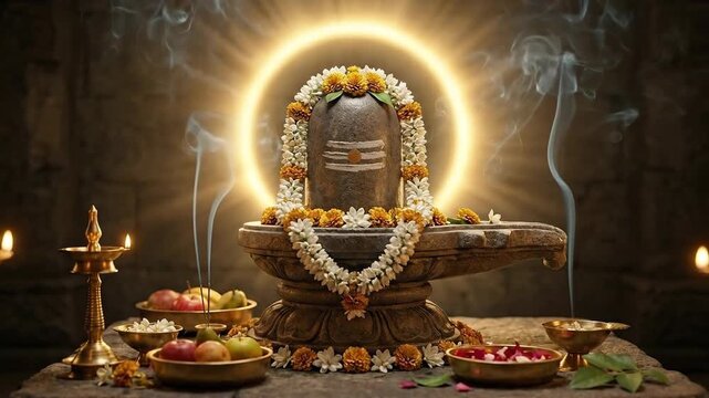The sacred shiva lingam, adorned with offerings, is dramatically illuminated by a golden halo for the spiritual shivaratri celebration.