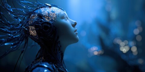 Serene Cyberpunk Gaze: A futuristic figure gazes serenely upwards, their form a fusion of human and technology, in a captivating cyberpunk environment, bathed in an ethereal blue glow.