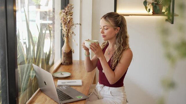 Remote worker drinking her coffee in a co working environment 