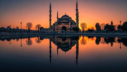 Majestic mosque reflecting in calm water at vibrant sunset