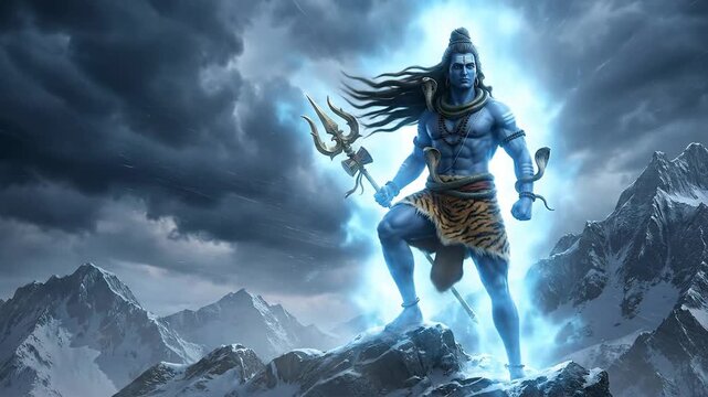 Powerful lord shiva, radiating intense blue light, stands on a snowy peak holding his trishula in a dramatic digital illustration.