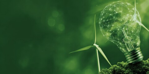 Green Energy Light Bulb: An inspiring image that merges the concepts of sustainable energy and innovation, with a light bulb formed by interconnected data nodes and set amidst a field of windmills.