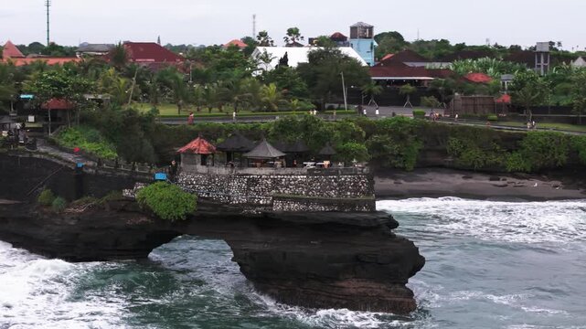 Batu Bolong Temple drone view on a gloomy day