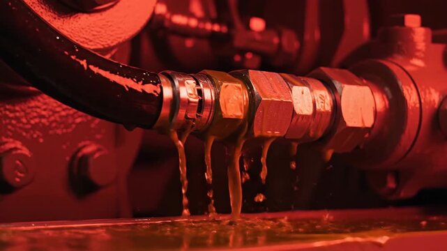 Close up of a leaking industrial hydraulic hose connection with thick yellow fluid dripping onto a metal surface under red dramatic lighting creating a sense of urgency and malfunction