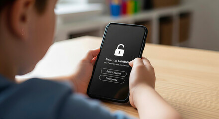 Child's hand holding a smartphone displaying a parental control screen with an unlocked padlock icon