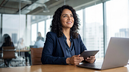 Focused latin business woman accountant working on laptop computer reading financial contract document in office workplace. Mature manager businesswoman specialist doing paperwork using pc. Copy space