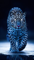 Majestic spotted feline with glowing eyes in a cool, dark setting
