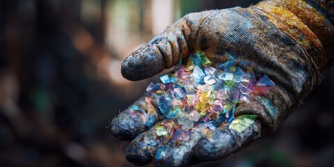 Hands Holding Plastics: A close-up shot of a gloved hand, filled with a colorful array of plastic pieces. This visual symbolizes the environmental burden caused by plastic pollution.
