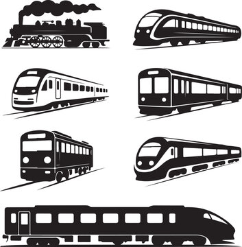 collection of various train types and designs in black silhouette on white background