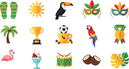 Obraz premium Brazil carnival and summer travel icon set vector illustration with tropical animals sports food and festival elements