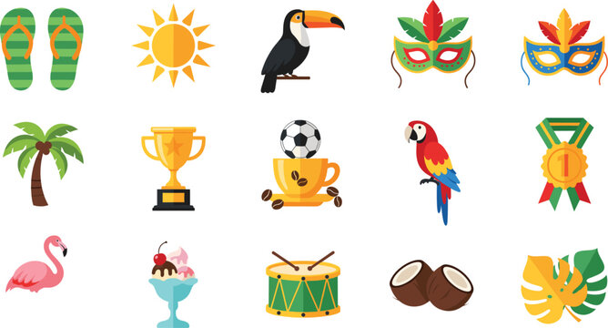 Brazil carnival and summer travel icon set vector illustration with tropical animals sports food and festival elements