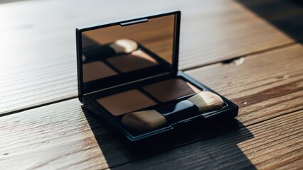 Makeup compact with shades and brush, reflected in a mirror, on wood