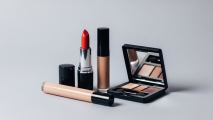 Makeup products on a light gray surface, with red lipstick and eyeshadow