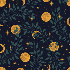 Vector magic seamless pattern with moon, stars ans plants. Mystical esoteric background for design of fabric, packaging, astrology, phone case, yoga mat, covers, wrapping paper.