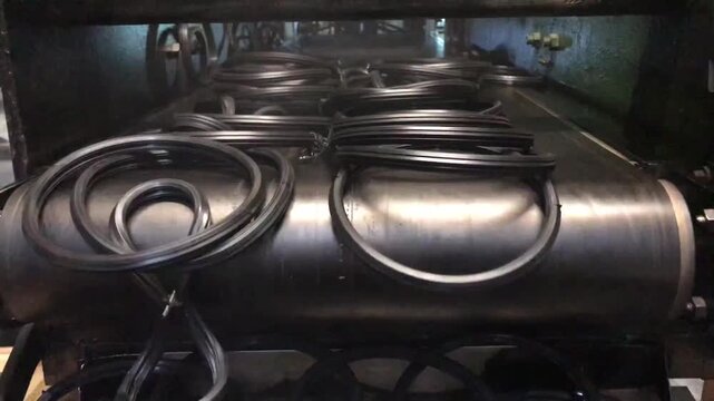 Waste water pipe gaskets manufactured in an injection molding press at a rubber factory.  gray water.