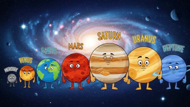 Animated planets from solar system with expressive faces standing in space with galaxy background Ai HD video.