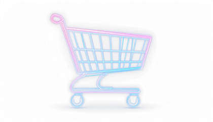 a shopping cart made of neon light, glowing, vector line art, isolated on transparent background, business concept