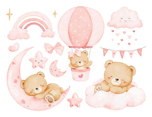 Watercolor Illustration Set Of Baby Bears with Nursery Elements