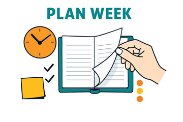 Weekly planner concept with hand flipping pages, clock, and sticky note