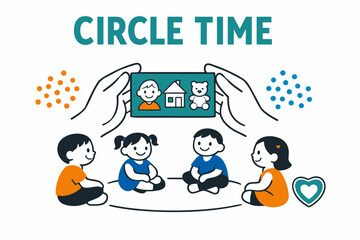 Children sitting in circle engaged in virtual learning activity