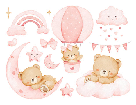 Watercolor Illustration Set Of Baby Bears with Nursery Elements