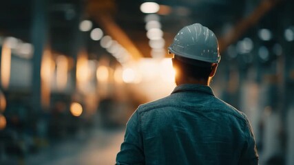 Construction worker wearing hard hat stands dim factory aisle with warm bokeh lighting thoughtful mood and construction worker wearing hard hat and denim jacket inspecting industrial warehouse with - Powered by Adobe