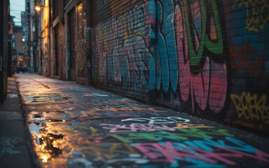 A narrow urban alleyway is covered in colorful graffiti tags on the brick walls. Puddles on the uneven ground reflect the ambient city lights and the vibrant street art.