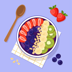 Resting on a checkered napkin, this vibrant acai bowl features neat arcs of sliced strawberries, bananas, and kiwi alongside blueberries and oats, accompanied by a wooden spoon on a purple backdrop