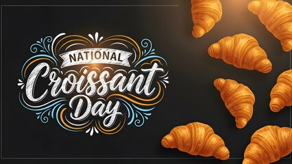Croissants and decorative text on black background for national croissant day promotions and bakery advertisements