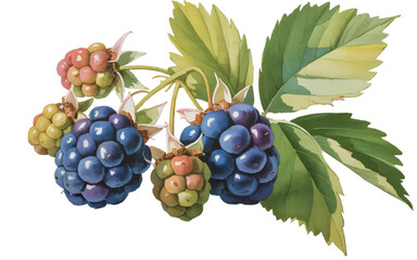 Obraz premium Ripe blackberries in watercolor with green leaves on black background