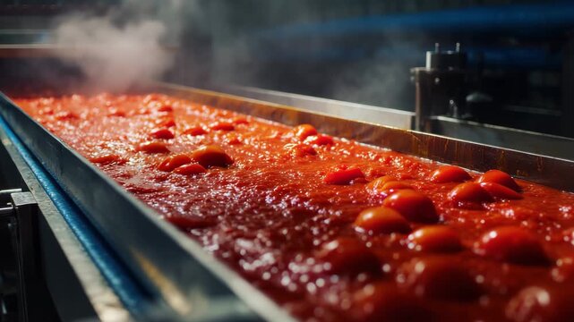 Ripe tomato pulp flowing along industrial processing conveyor, steaming red sauce production with vibrant tomato puree and stainless steel food processing atmosphere
