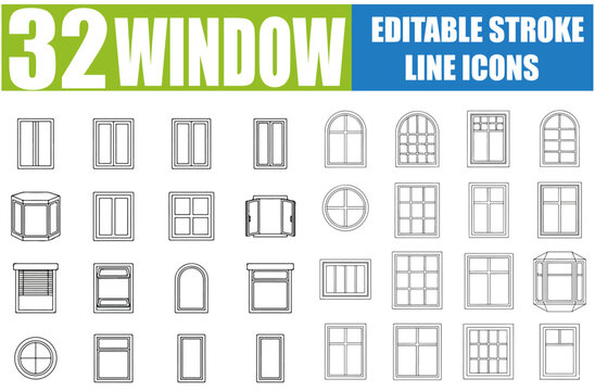 Set of 32 outline icons related to window, viewport, browser and architectural opening. Linear icon collection. Editable stroke. Vector illustration