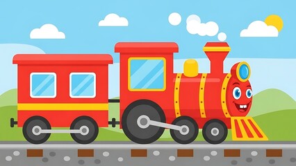 Naklejka premium Cartoon train on railway track outdoors.