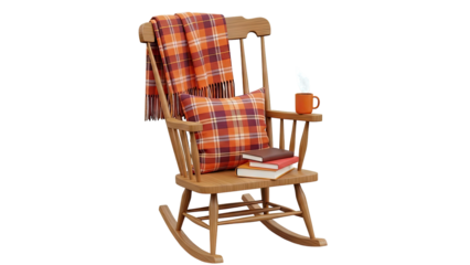 Cozy Rocking Chair with Plaid Blanket, Pillow, Books, and Hot Drink