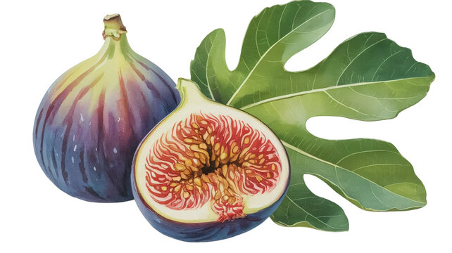 Fresh watercolor figs with green leaves on black background