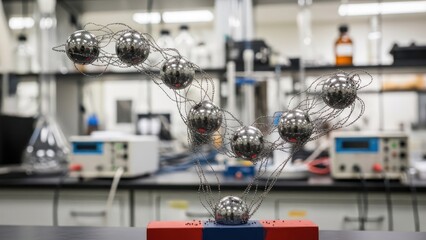 Metallic spheres suspended, connected, over a magnetic base