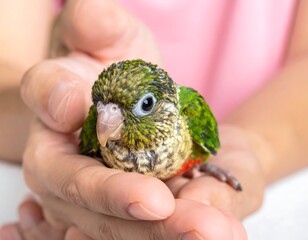 Tiny parrot rests in hands, featuring vibrant green feathers and cute expression, against a soft pink backdrop