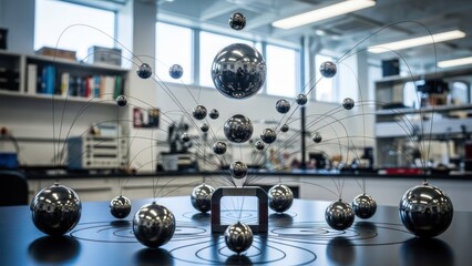 Metallic spheres connected, hovering above a table in a bright laboratory