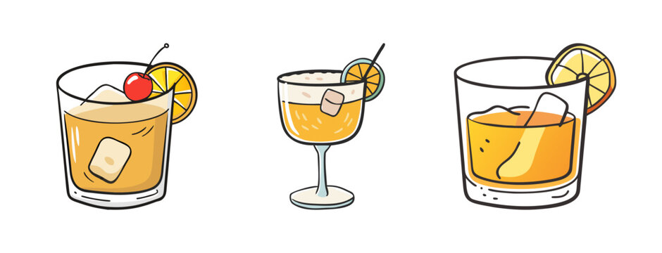 Three whiskey sour cocktails with garnishes, hand-drawn vector illustration