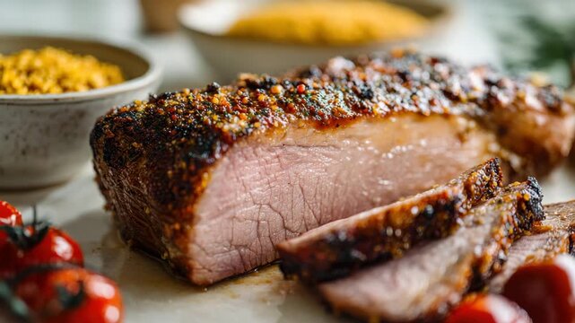 Pepper crust pork loin roast with juicy slice and cherry tomato, mustard spice savory roast pork loin with pepper crust and juicy slice, cherry tomato and mustard spice savory roast loin slice