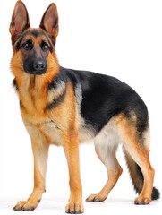 German shepherd stands in a studio with a neutral background during indoor time