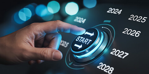 Hand Pressing Illuminated Start Button on Digital Interface for New Year 2024 Planning, Business Strategy, and Future Goals