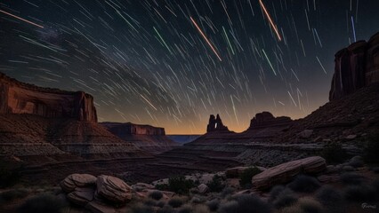 Meteors streak across the night sky above a canyon landscape