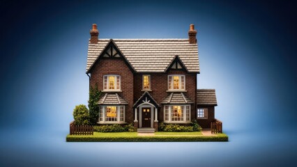 Miniature brick house with lit windows and a dark front door