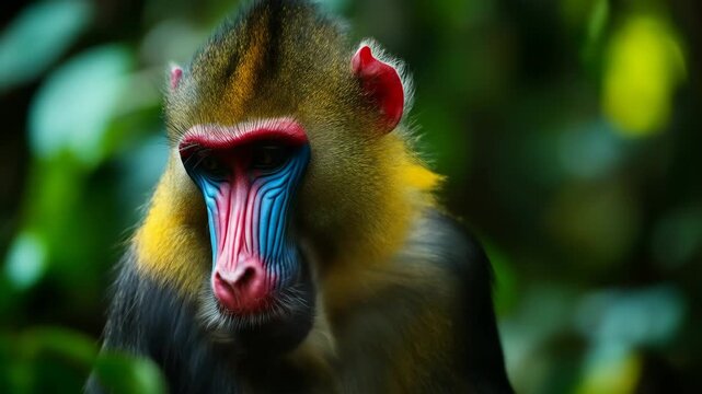 Vibrant monkey portrait in lush green foliage close up